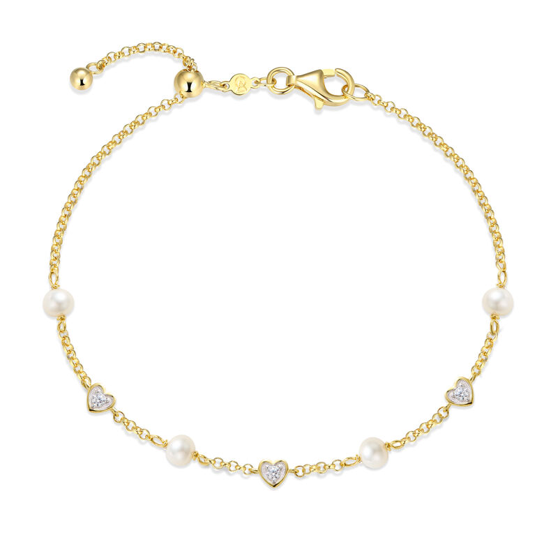 Freshwater Cultured Pearl & Lab Grown Diamond Heart Bracelet in 14k Gold Plated Sterling Silver image number null